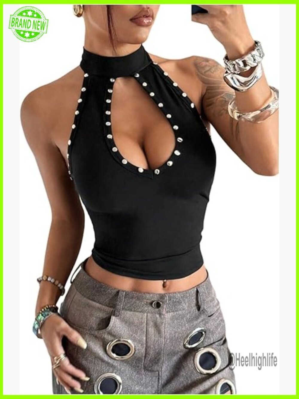 Y2K Halter Crop Top with Rivet Cut Out Tie Back